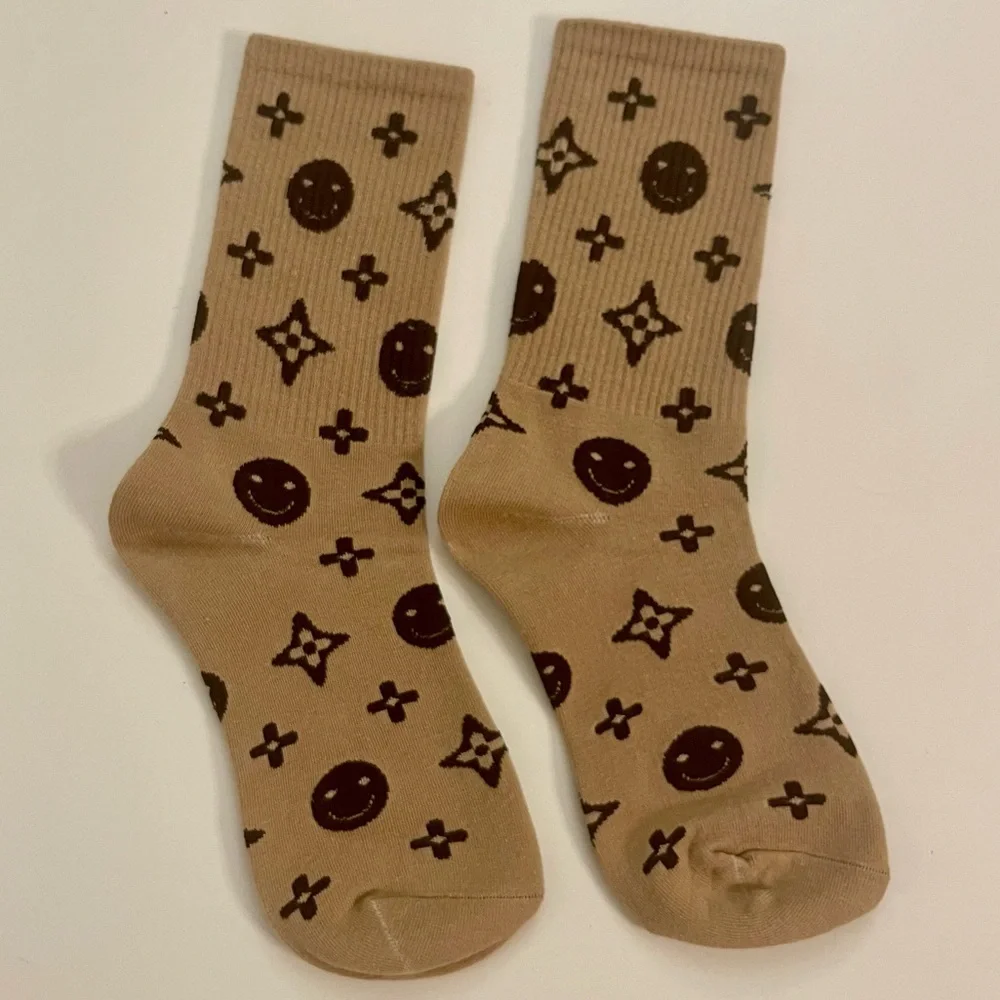 Brand New | Monogram Smiley Face Crew Socks - Tan & Brown